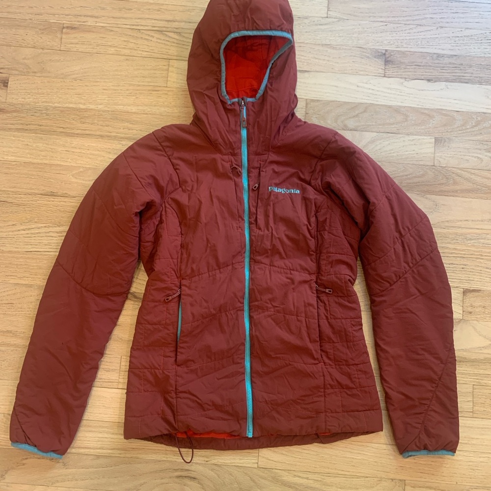 Patagonia Rust Red Hooded Insulated Jacket with Teal Trim